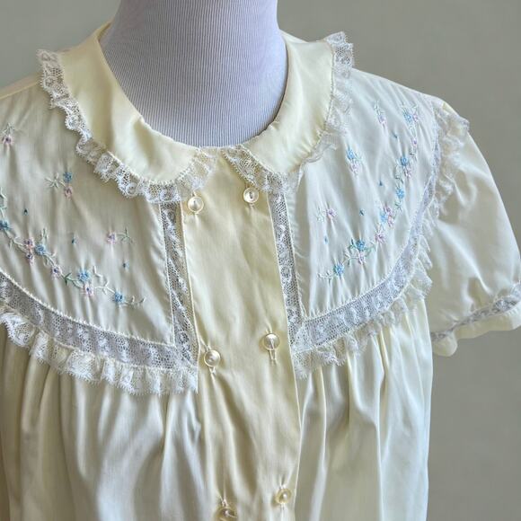 Vintage 50s Barbizon Pajama Set M Yellow Lace Peter Pan Collar Cottagecore - Picture 1 of 16